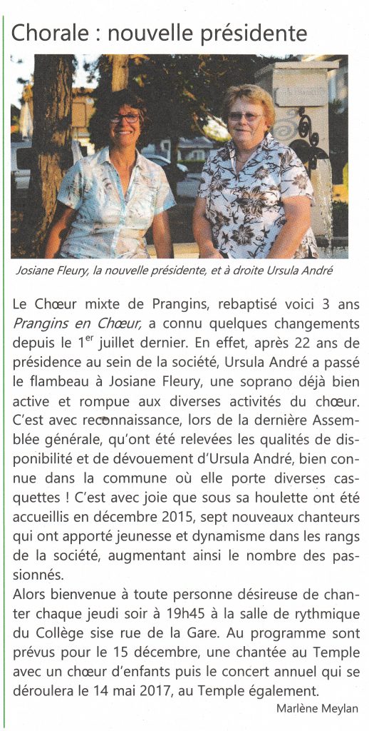 Article paru dans la gazette de Prangins, automne 2016